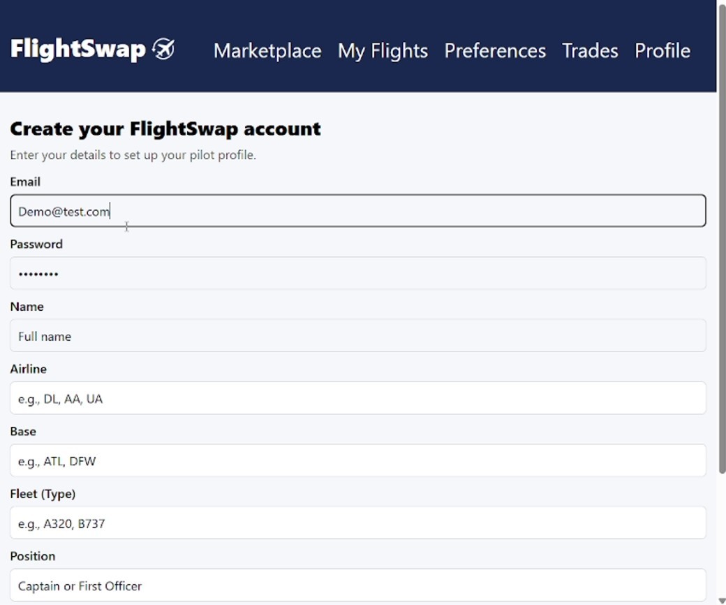 FlightSwap profile creation